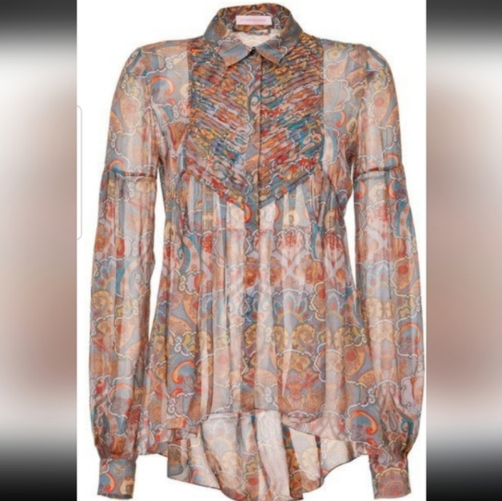 MATTHEW WILLIAMSON SILK PAISLEY GEOMETRIC AQUA BROWN BLOUSE, SIZE 8